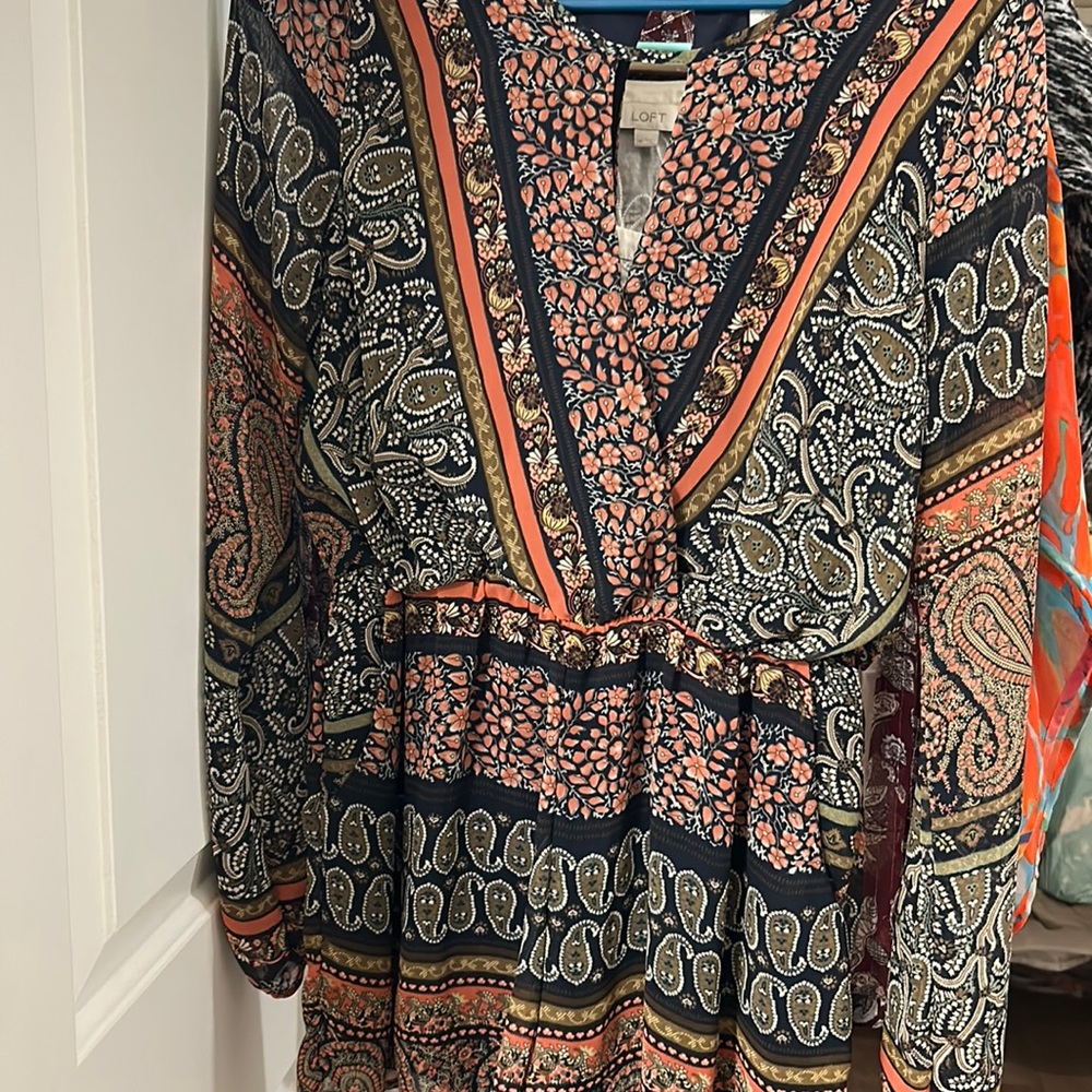 Sienna Sky Long Sleeve Romper, green and pink/orange (salmon color ) paisleys